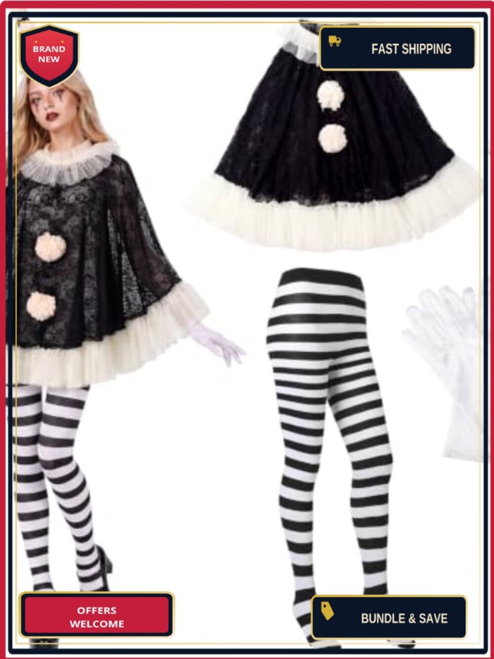 Halloween Scary Clown Costume Set Women One Size Fits Most Accessories